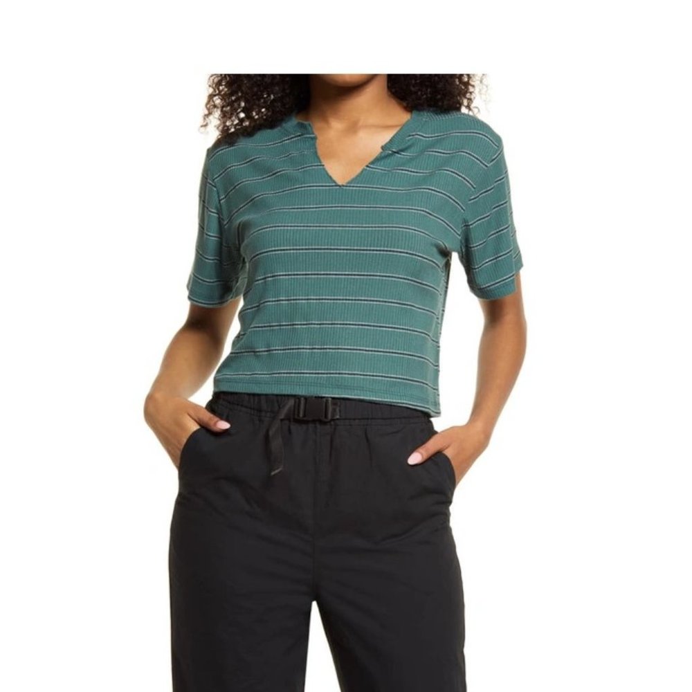 NWT BP SPLIT NECK RIBBED T-SHIRT IN GREEN TREKKING BELLA STRIPE Sz S